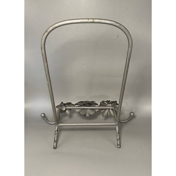 Vintage Metal Flower Tabletop Easel Stand Silver Distressed Hook Organizer Decor - Picture 2 of 4